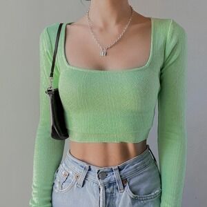 Urban Outfitters Green‎ Knit Square Neck Long Sleeve Crop Top Small